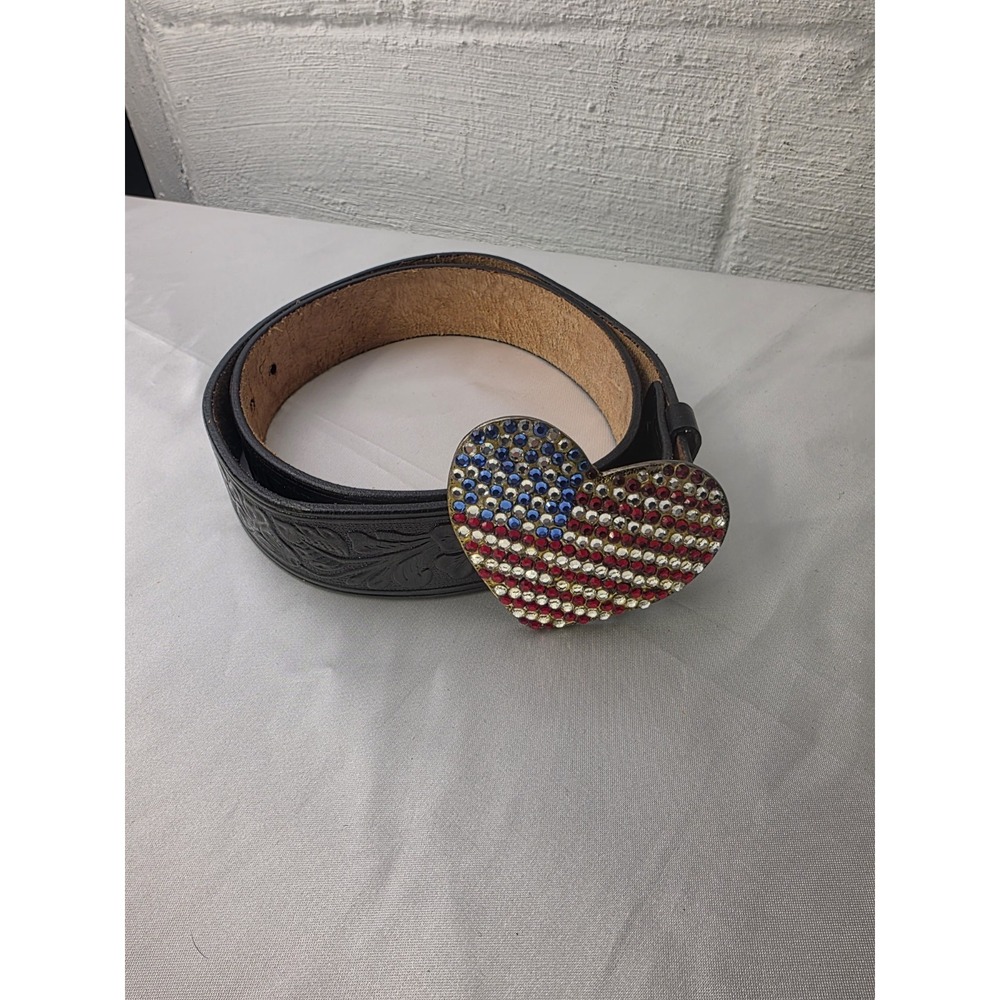 Vintage Cache‎ Black Embossed Leather Crystal Heart American Flag Belt L